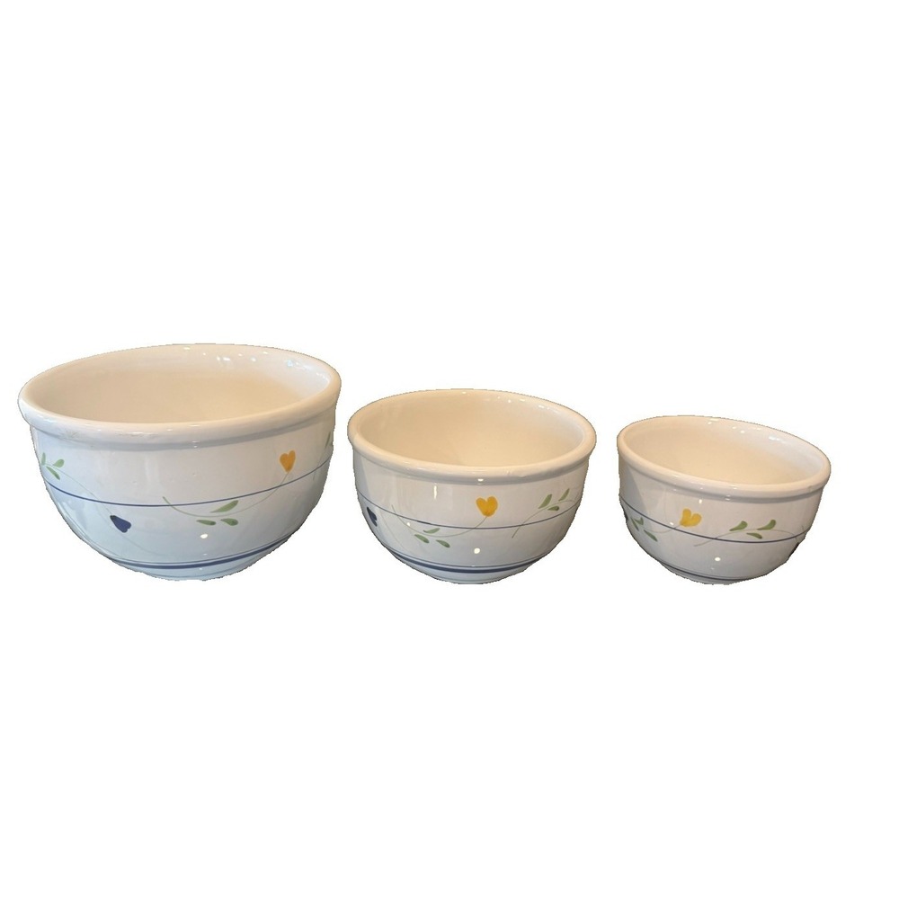 Vintage Italy Nesting Ceramic Mixing Bowl Set 3pc Floral Blue Line Stoneware Pot